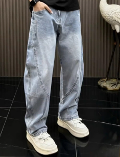 [WHOLESALE ONLY - CONTACT TO ORDER] Men's Heavyweight 100% Cotton Loose Fit Spiral Seam Wide-Leg Jeans (Light Bleach Wash) [AW-482]