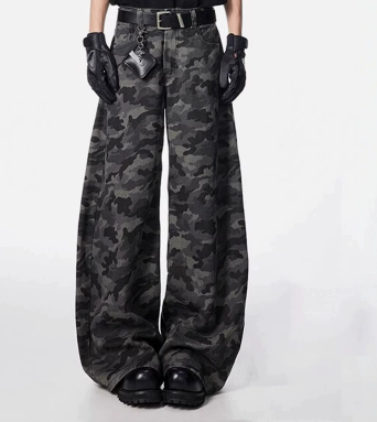 [WHOLESALE ONLY - CONTACT TO ORDER] Men's Heavyweight 100% Cotton Loose Fit Dark Camo Curved Balloon Wide-Leg Jeans (Charcoal Camo) [AW-487]