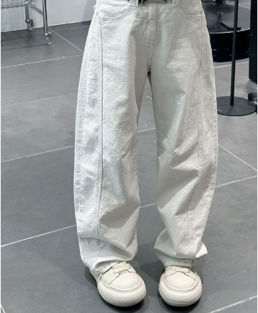 [WHOLESALE ONLY - CONTACT TO ORDER] Men's Heavyweight 100% Cotton Loose Fit Curved Seam Balloon Wide-Leg Jeans (Washed Chalk White) [AW-488]