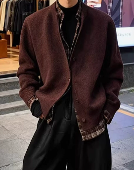 [WHOLESALE ONLY - CONTACT TO ORDER] Unisex Cotton Blend Soft Brushed Knit Collarless Cardigan Sweater (Mocha Brown) [AW-493]