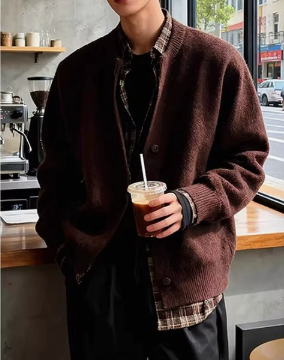 [WHOLESALE ONLY - CONTACT TO ORDER] Unisex Cotton Blend Soft Brushed Knit Collarless Cardigan Sweater (Mocha Brown) [AW-493]