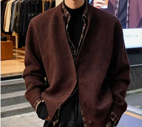 [WHOLESALE ONLY - CONTACT TO ORDER] Unisex Cotton Blend Soft Brushed Knit Collarless Cardigan Sweater (Mocha Brown) [AW-493]