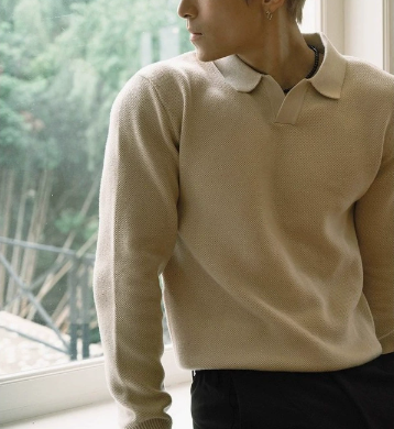 [WHOLESALE ONLY - CONTACT TO ORDER] Men's Cotton Blend Textured Knit Johnny Collar Long Sleeve Polo Sweater (Cream Ivory) [AW-494]