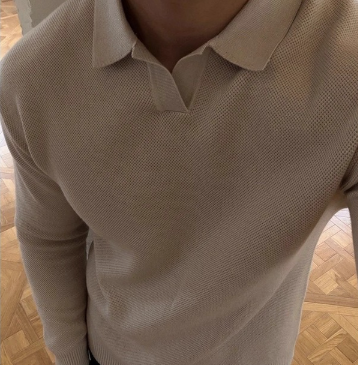 [WHOLESALE ONLY - CONTACT TO ORDER] Men's Cotton Blend Textured Knit Johnny Collar Long Sleeve Polo Sweater (Cream Ivory) [AW-494]