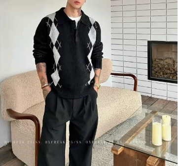 [WHOLESALE ONLY - CONTACT TO ORDER] Unisex Cotton Blend Vintage Argyle Long Sleeve Knit Polo Sweater (Black & Grey) [AW-496]