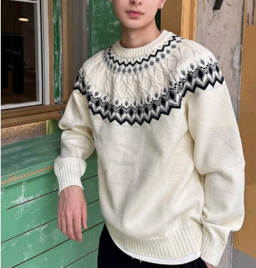 [WHOLESALE ONLY - CONTACT TO ORDER] Unisex Cotton Blend Heavyweight Nordic Fair Isle Cable-Knit Yoke Crewneck Sweater (Cream White) [AW-502]
