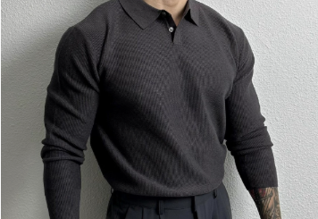 [WHOLESALE ONLY - CONTACT TO ORDER] Men's Cotton Blend Textured Knit Johnny Collar Long Sleeve Polo Sweater (Charcoal Grey) [AW-499]
