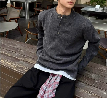 [WHOLESALE ONLY - CONTACT TO ORDER] Unisex Cotton Blend Textured Slub Knit Henley Collar Long Sleeve Sweater (Graphite Melange) [AW-506]