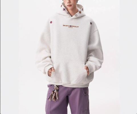 [WHOLESALE ONLY - CONTACT TO ORDER] Unisex Heavyweight Cotton Blend Folk Cross Embroidered Fleece Pullover Hoodie (Heather Grey) [AW-522]