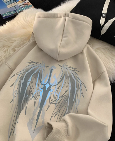 [WHOLESALE ONLY - CONTACT TO ORDER] Unisex Heavyweight Cotton Blend Y2K Angel Wings & Sword Graphic Fleece Pullover Hoodie (Cream Apricot) [AW-524]