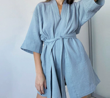 [WHOLESALE ONLY - CONTACT TO ORDER] Women's Cotton Blend Double-Gauze 3/4-Sleeve Short Kimono Robe (Slate Blue) [AW-565]