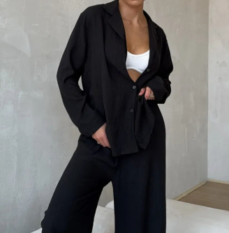 [WHOLESALE ONLY - CONTACT TO ORDER] Women's Cotton Blend 2-Piece Crinkled Ripple Textured Notch-Lapel Shirt & Wide-Leg Pants Pajama Set (Noir Black) [AW-570]