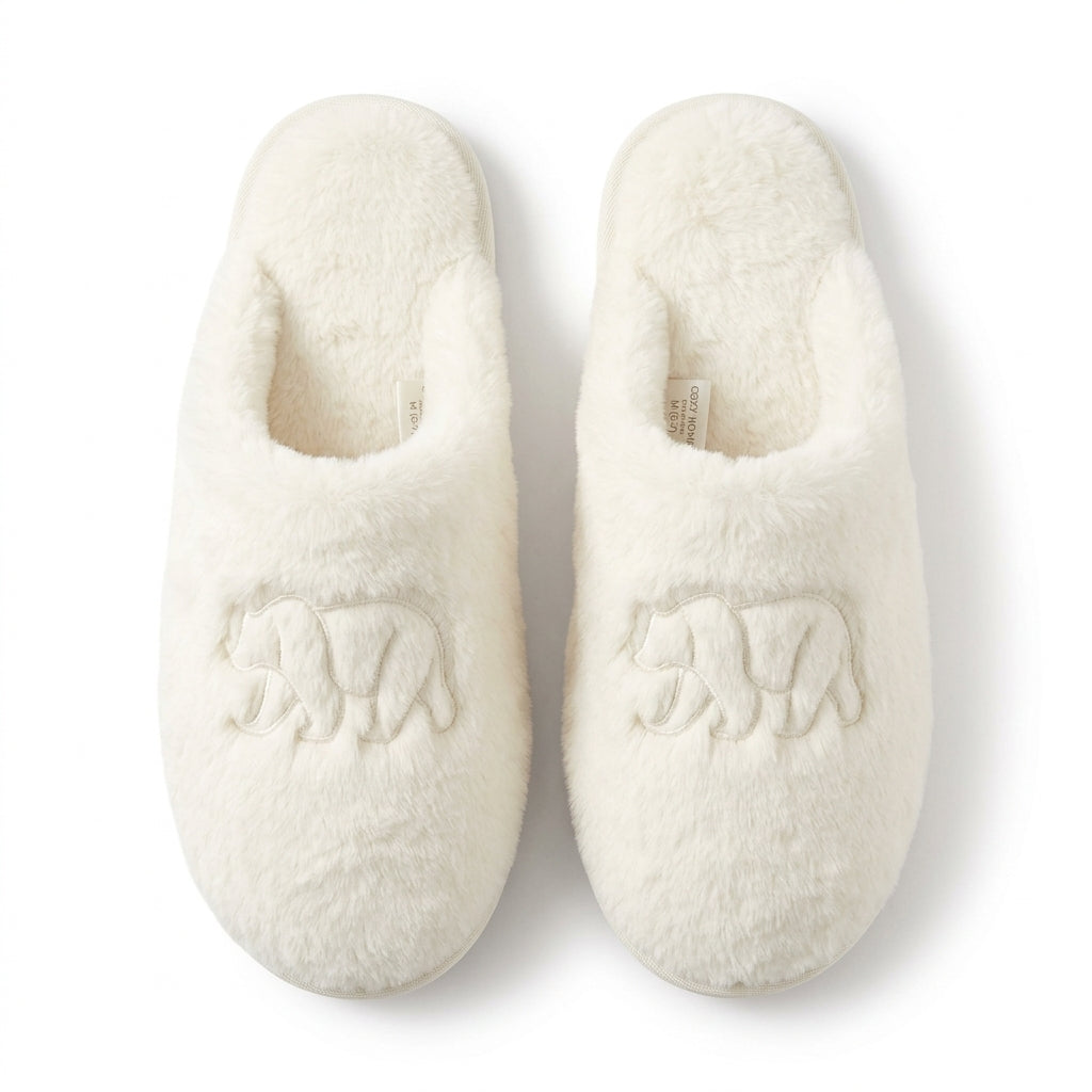 [WHOLESALE ONLY - CONTACT TO ORDER] Cozy Faux Fur Plush Indoor Slippers with Polar Bear Embroidery - Catalog Display Only (Do Not Order Directly)