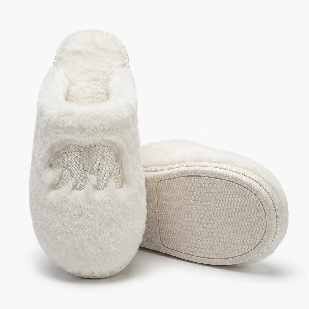 [WHOLESALE ONLY - CONTACT TO ORDER] Cozy Faux Fur Plush Indoor Slippers with Polar Bear Embroidery - Catalog Display Only (Do Not Order Directly)