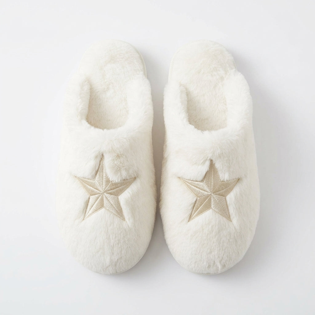 [WHOLESALE ONLY - CONTACT TO ORDER] Fluffy Plush Faux Fur House Slippers with Metallic Gold Star Embroidery - Catalog Display Only (Do Not Order Directly)