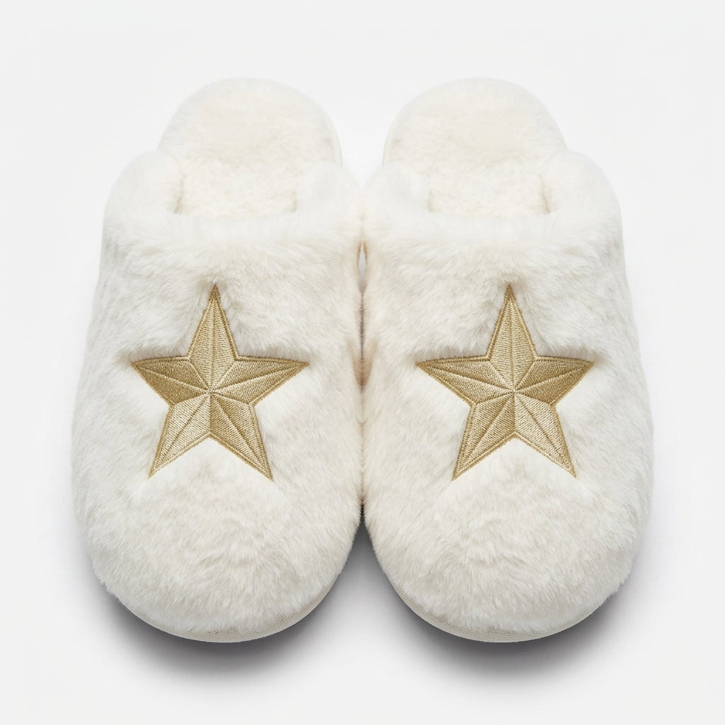 [WHOLESALE ONLY - CONTACT TO ORDER] Fluffy Plush Faux Fur House Slippers with Metallic Gold Star Embroidery - Catalog Display Only (Do Not Order Directly)