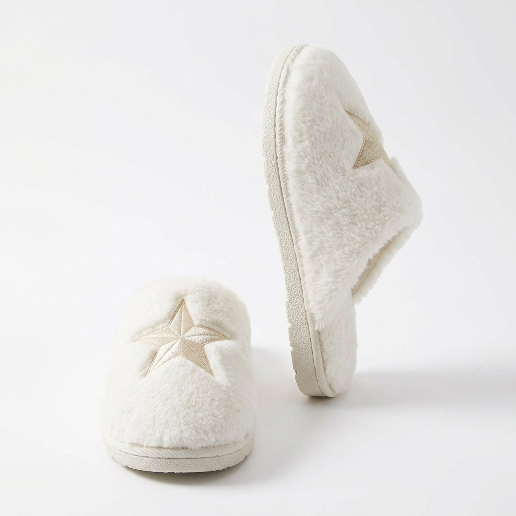 [WHOLESALE ONLY - CONTACT TO ORDER] Fluffy Plush Faux Fur House Slippers with Metallic Gold Star Embroidery - Catalog Display Only (Do Not Order Directly)