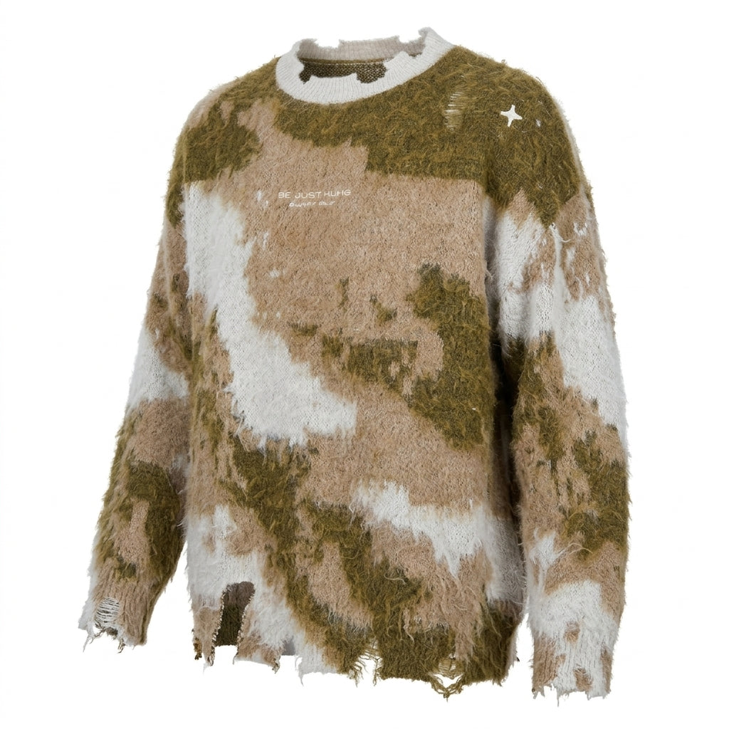 [WHOLESALE ONLY - CONTACT TO ORDER] Unisex Oversized Grunge Distressed Camo Fuzzy Jacquard Crewneck Sweater with Frayed Hem & Star Accent (Earth Camo / Moss Olive, Sand & Cream) [AW-229]