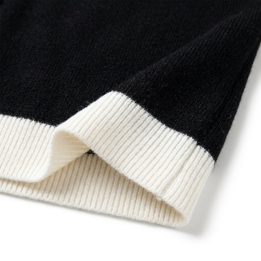 [WHOLESALE ONLY - CONTACT TO ORDER] Women's French Chic Contrast Tipped Henley Neck Ribbed Button-Front Cardigan Sweater (Classic Noir Black & Ivory) [AW-124]