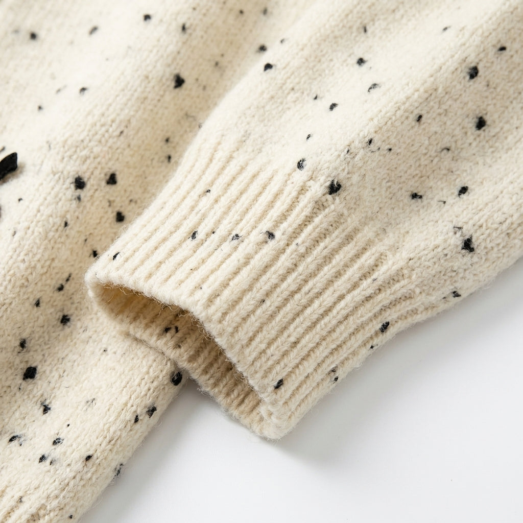 [WHOLESALE ONLY - CONTACT TO ORDER] Women's Coquette Tweed-Fleck Knit Crewneck Cardigan with 3D Velvet Bows & Gold Textured Buttons (Oatmeal Cream Fleck) [AW-227]