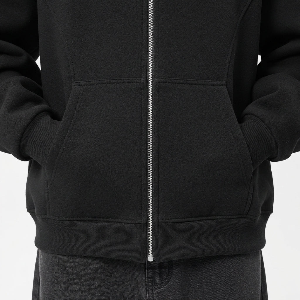 [WHOLESALE ONLY - CONTACT TO ORDER] Unisex Heavyweight 420GSM 85% Combed Cotton Brushed Fleece Curved Arch Seam Double-Zip Oversized Hoodie (Pitch Black) [AW-116]