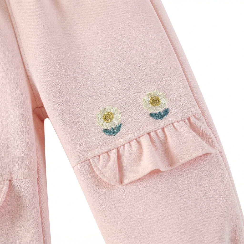 [WHOLESALE ONLY - CONTACT TO ORDER] Toddler Baby Girls 2-Piece Fleece Sweatshirt & Joggers Set - 3D Stuffed Bunny Doll Crossbody Floral Embroidery Pink Tracksuit [KW-154]