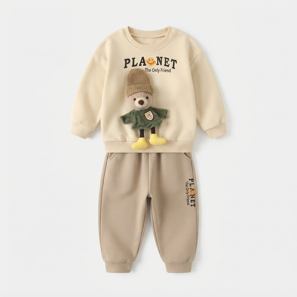 [WHOLESALE ONLY - CONTACT TO ORDER] Toddler Boys 2-Piece Fleece Sweatshirt & Jogger Pants Set - 3D Knitted Bear Doll Patchwork Loungewear[KW-167]