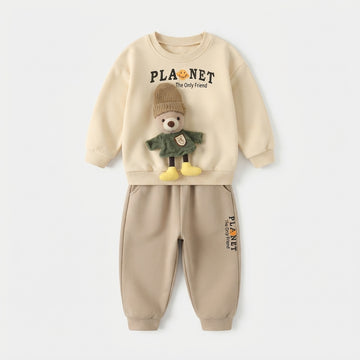 [WHOLESALE ONLY - CONTACT TO ORDER] Toddler Boys 2-Piece Fleece Sweatshirt & Jogger Pants Set - 3D Knitted Bear Doll Patchwork Loungewear[KW-167]