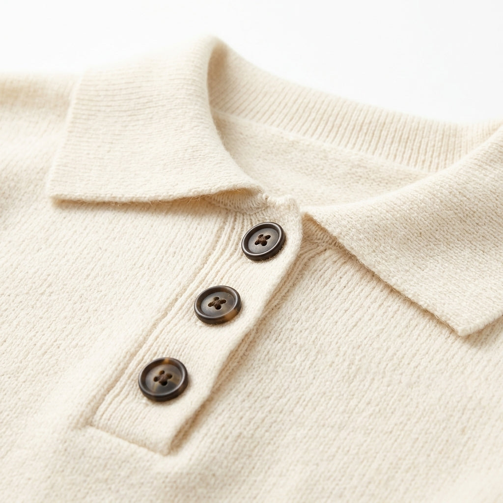 [WHOLESALE ONLY - CONTACT TO ORDER] Women's Preppy Plain Knit Polo Collar Henley Pullover Sweater with Marbled Tortoise Buttons (Cream Ivory) [AW-216]