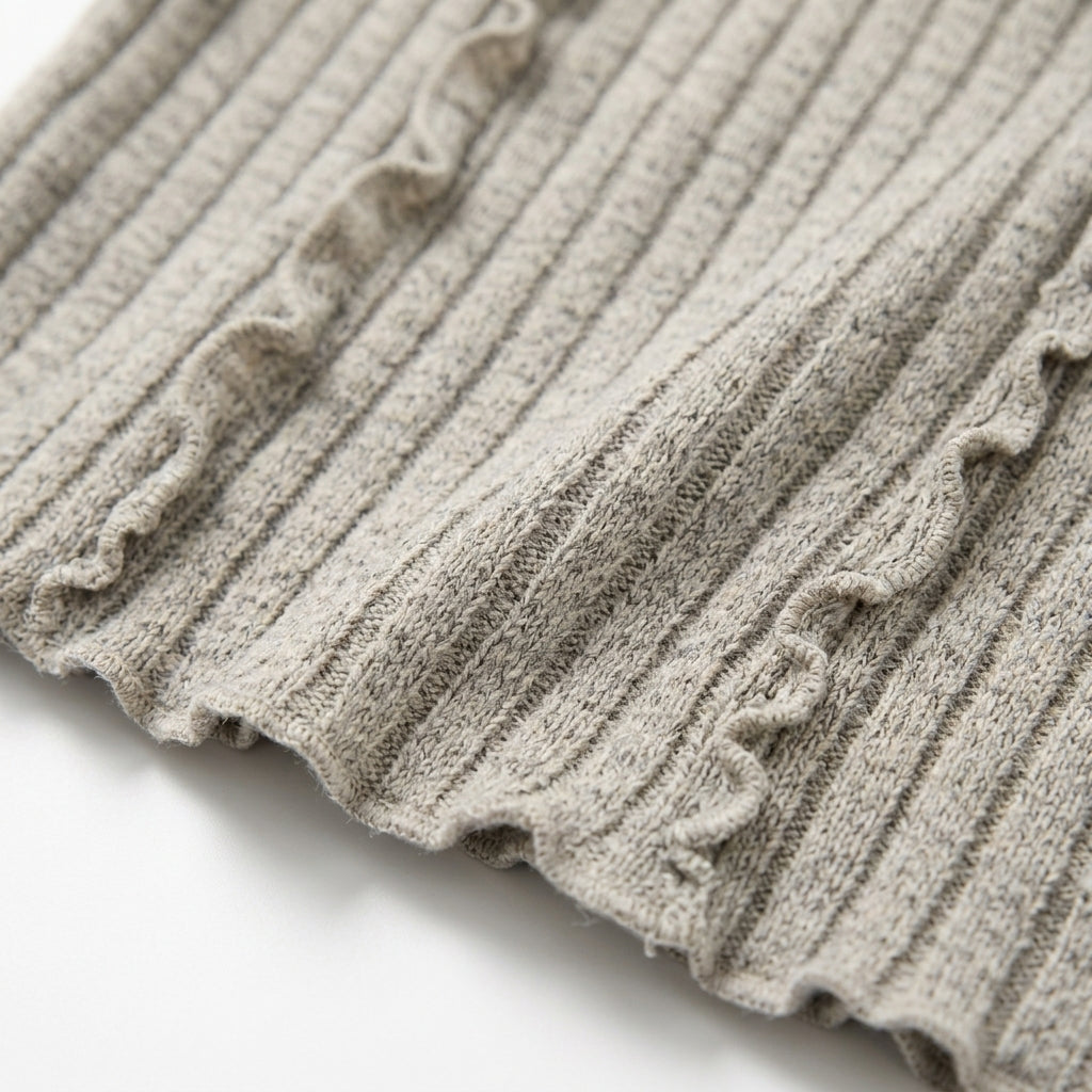 [WHOLESALE ONLY - CONTACT TO ORDER] Women's Fairycore Coquette Lettuce-Trim Ribbed Knit Corset Lace-Up Cardigan Top (Heather Oatmeal & Olive Cord) [AW-192]