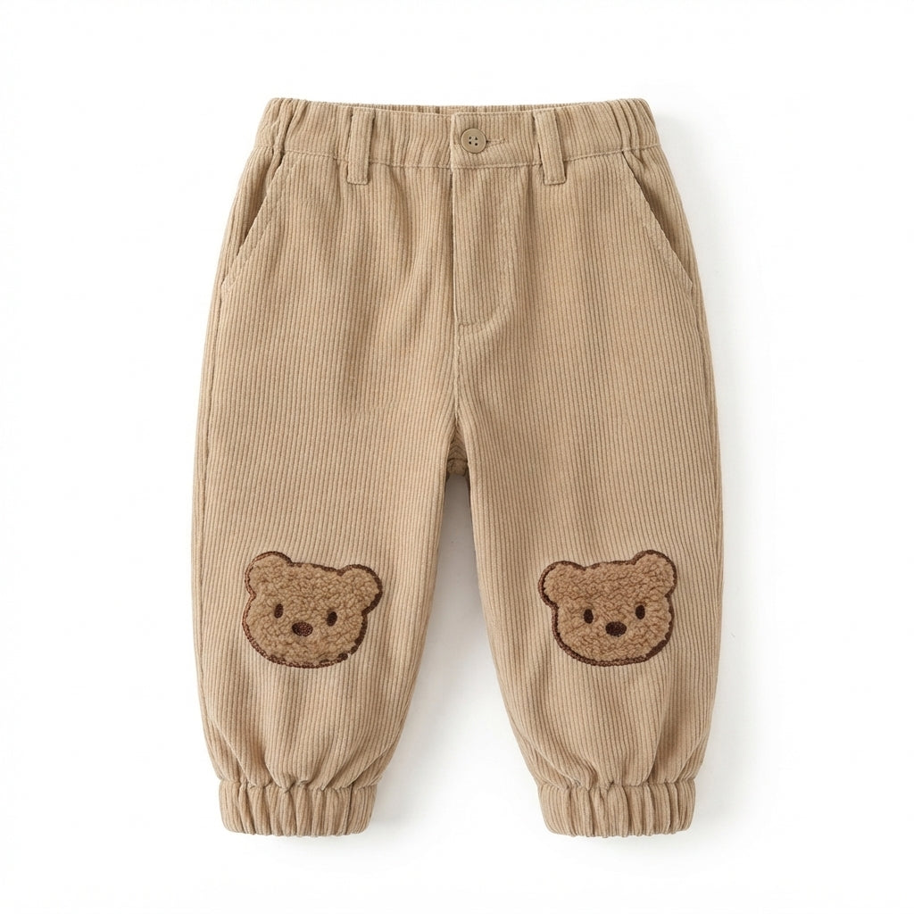[WHOLESALE ONLY - CONTACT TO ORDER] Toddler Baby Boys 2-Piece Striped Polo Sweatshirt & Corduroy Pants Set - Cute Bear Patchwork Autumn Loungewear[KW-169]