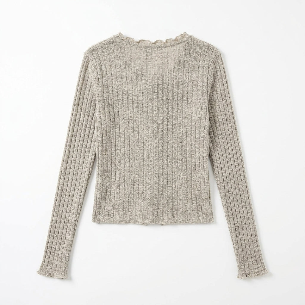 [WHOLESALE ONLY - CONTACT TO ORDER] Women's Fairycore Coquette Lettuce-Trim Ribbed Knit Corset Lace-Up Cardigan Top (Heather Oatmeal & Olive Cord) [AW-192]