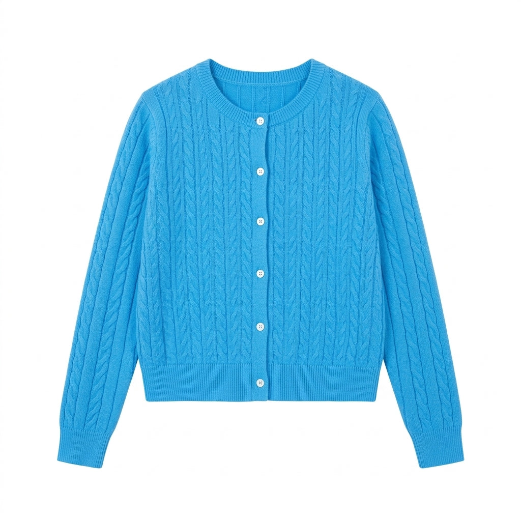 [WHOLESALE ONLY - CONTACT TO ORDER] Women's Classic Fitted Cable-Knit Crewneck Button-Front Cardigan Sweater (Vibrant Azure Cerulean Blue) [AW-202]