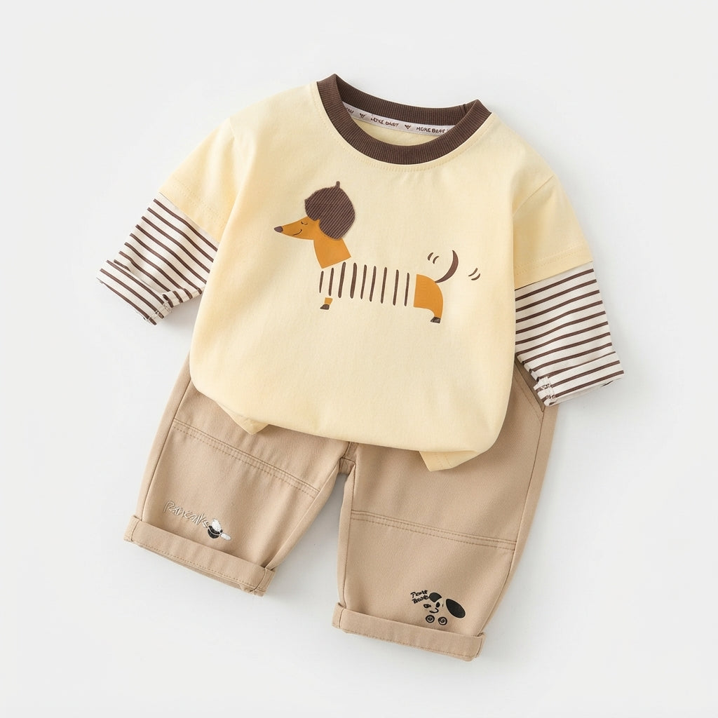 [WHOLESALE ONLY - CONTACT TO ORDER] Toddler Boys 2-Piece Faux Layered Striped Long Sleeve T-Shirt & Chino Pants Set - Cute Dachshund Dog Print Autumn Loungewear [KW-151]
