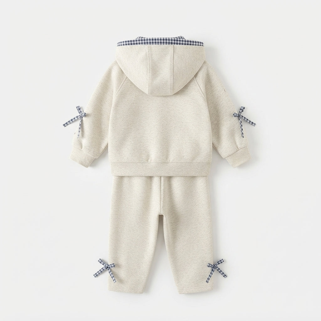 [WHOLESALE ONLY - CONTACT TO ] ToddleORDERr Girls Coquette Gingham Bow Fleece Zip-Up Hoodie & Jogger Pants Set - Gingham Lined Hood & Teddy Bear Embroidery Tracksuit [KW-166]