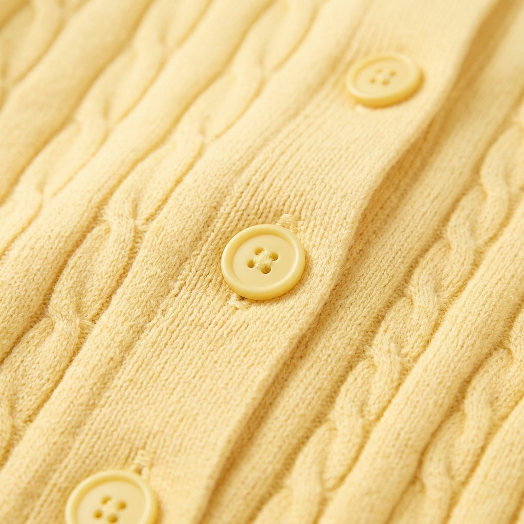 [WHOLESALE ONLY - CONTACT TO ORDER] Women's Classic Fitted Cable-Knit Crewneck Button-Front Cardigan Sweater (Soft Pastel Butter Yellow) [AW-125]