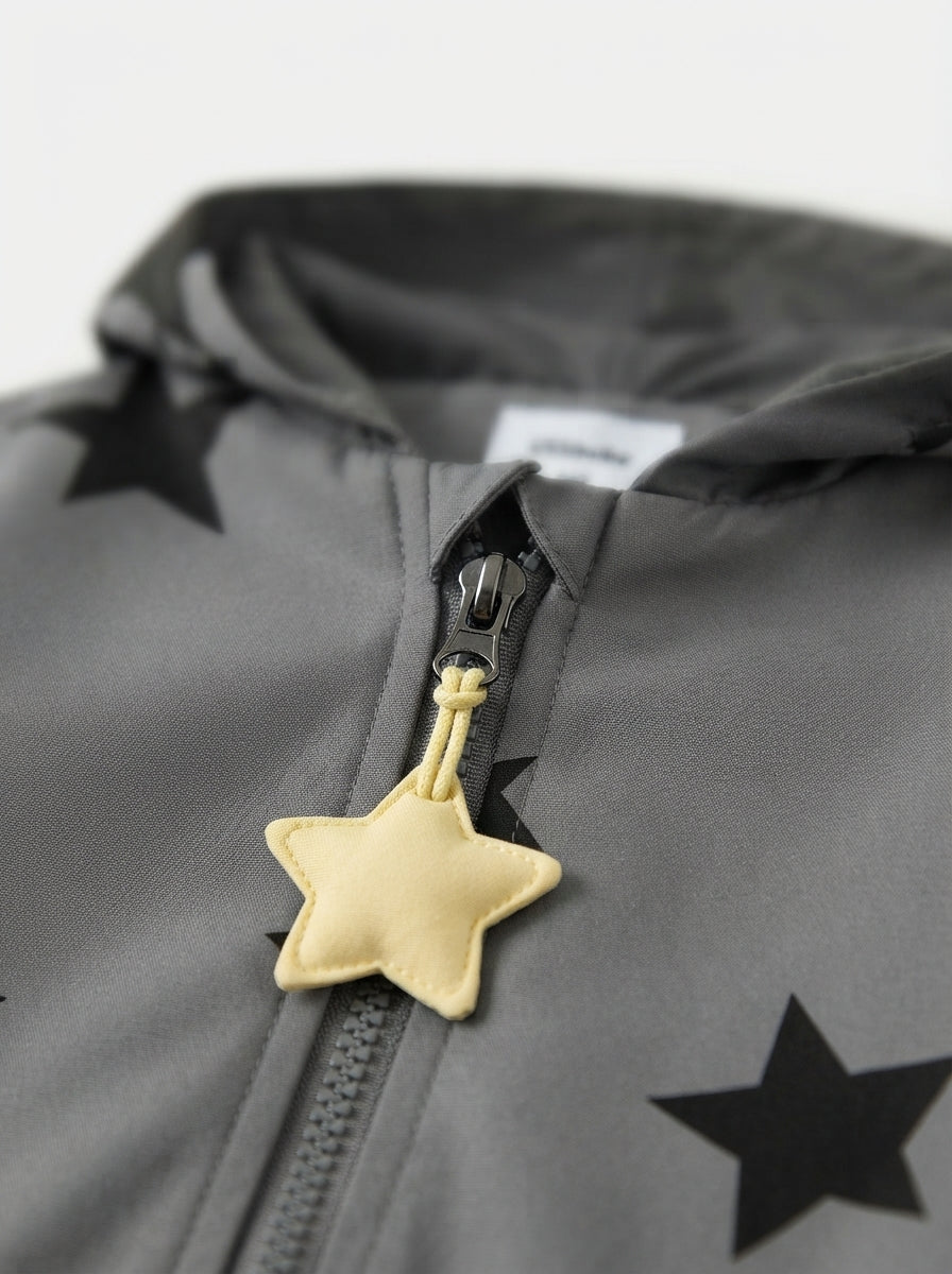 [WHOLESALE ONLY - CONTACT TO ORDER] Toddler Boys Lightweight Hooded Windbreaker Jacket - Black Star Pattern Padded Yellow Star Zipper Pull Coat [KW-156]