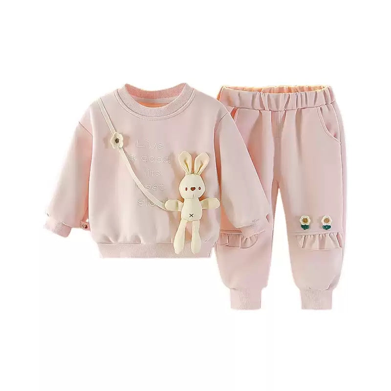 [WHOLESALE ONLY - CONTACT TO ORDER] Toddler Baby Girls 2-Piece Fleece Sweatshirt & Joggers Set - 3D Stuffed Bunny Doll Crossbody Floral Embroidery Pink Tracksuit [KW-154]