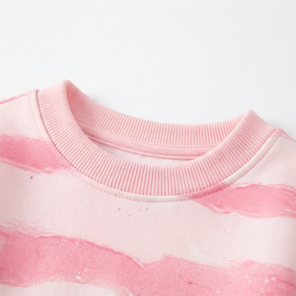[WHOLESALE ONLY - CONTACT TO ORDER] Toddler Baby Girls Watercolor Brushstroke Striped Fleece Sweatshirt - Pink Double Heart Graphic Pullover [KW-130]