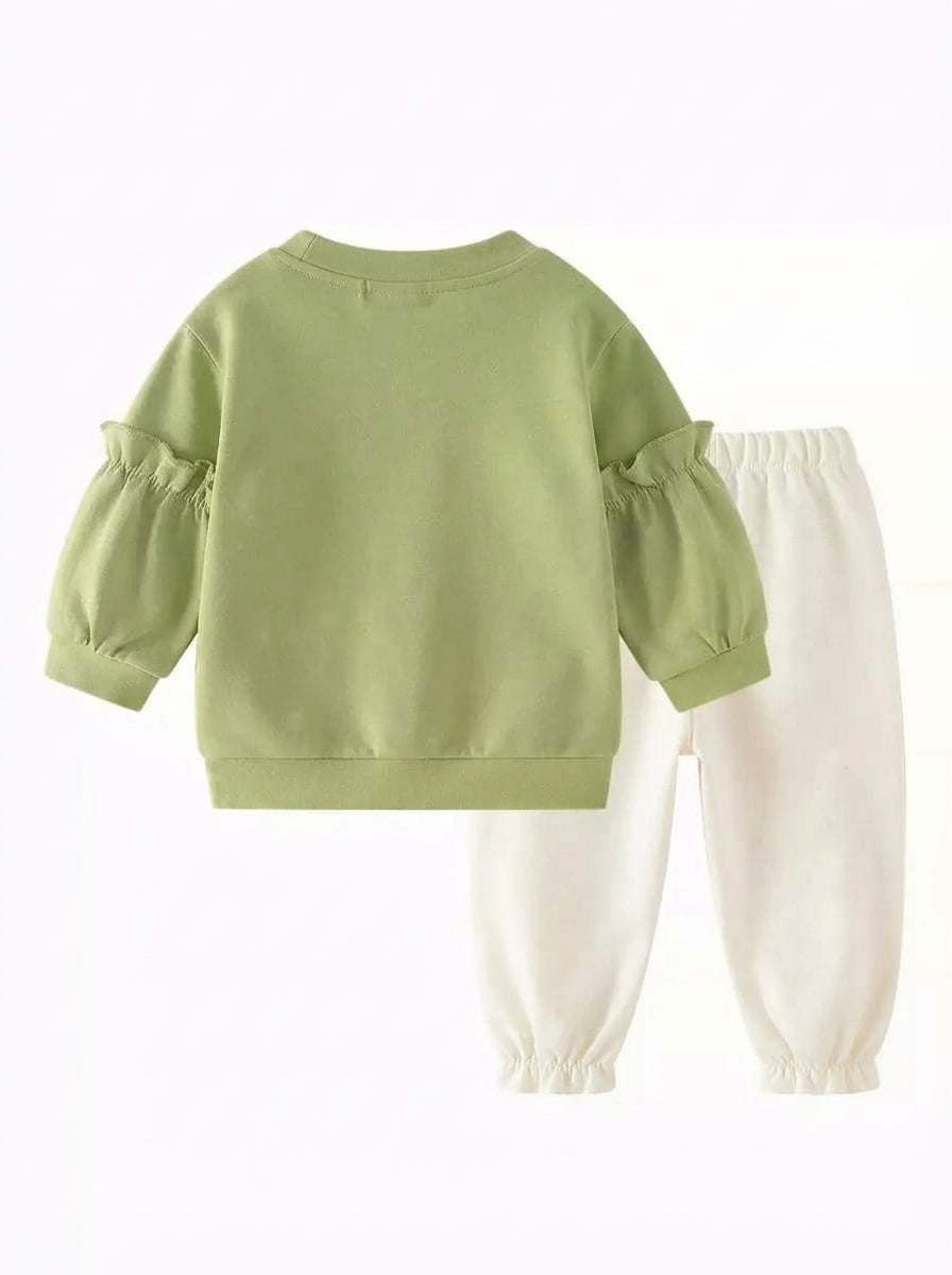 [WHOLESALE ONLY - CONTACT TO ORDER] Toddler Baby Girls 2-Piece Ruffle Sleeve Sweatshirt & Bunny Ears Cuffed Joggers Set - Floral Embroidery Loungewear [KW-101]