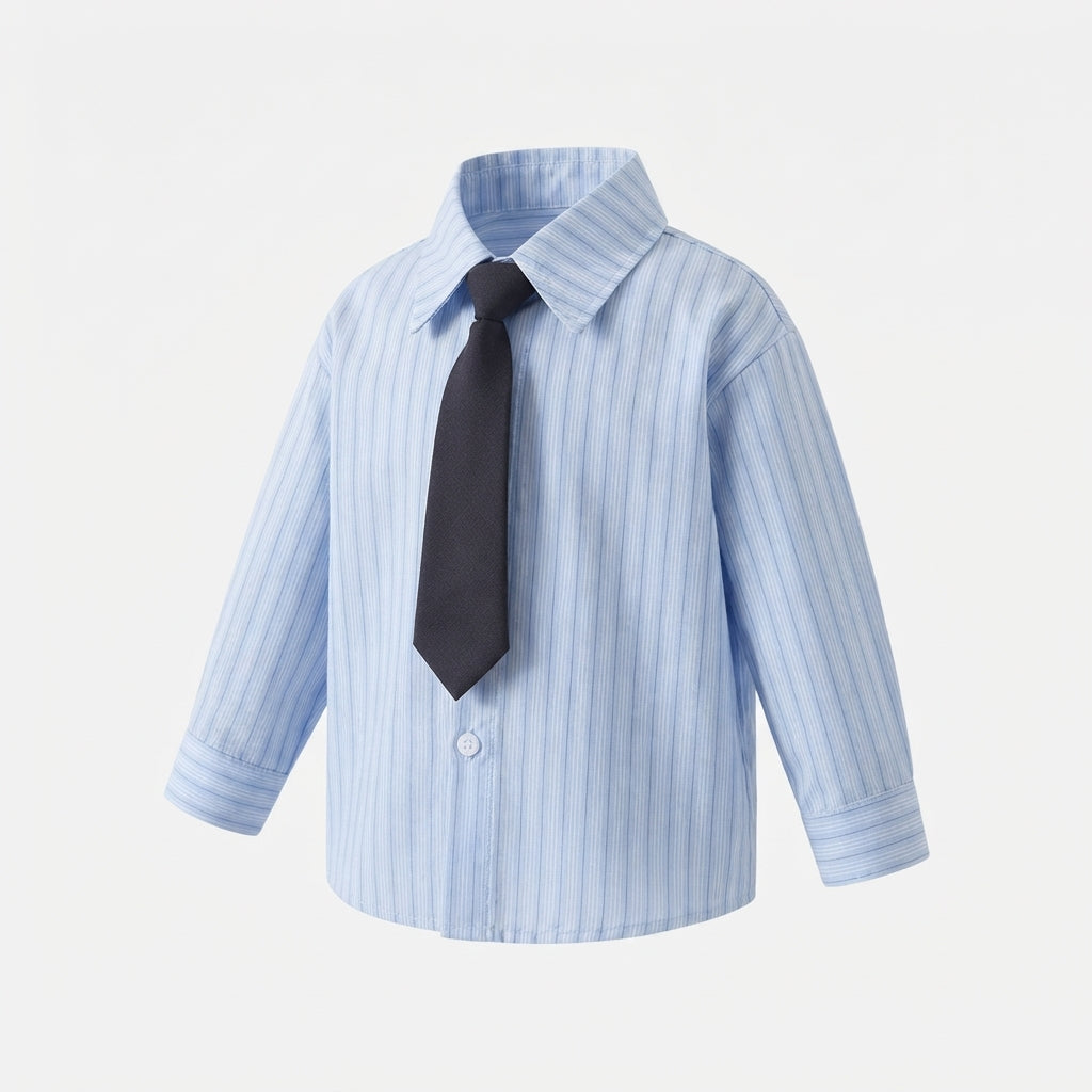 [WHOLESALE ONLY - CONTACT TO ORDER] Toddler Boys Striped Long Sleeve Dress Shirt with Solid Navy Tie - 100% Cotton Collared Gentleman Button-Down Top [KW-155]