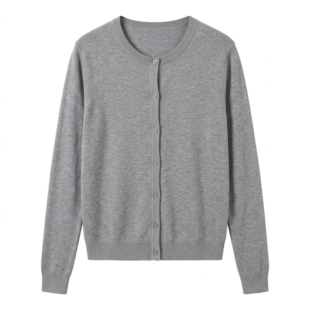 [WHOLESALE ONLY - CONTACT TO ORDER] Women's Ultra-Soft Cashmere-Feel Plain Knit Crewneck Button-Front Cardigan Sweater (Heather Mid Grey) [AW-198]