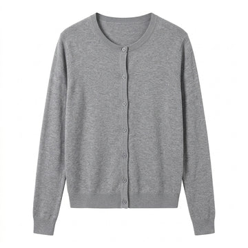 [WHOLESALE ONLY - CONTACT TO ORDER] Women's Ultra-Soft Cashmere-Feel Plain Knit Crewneck Button-Front Cardigan Sweater (Heather Mid Grey) [AW-198]