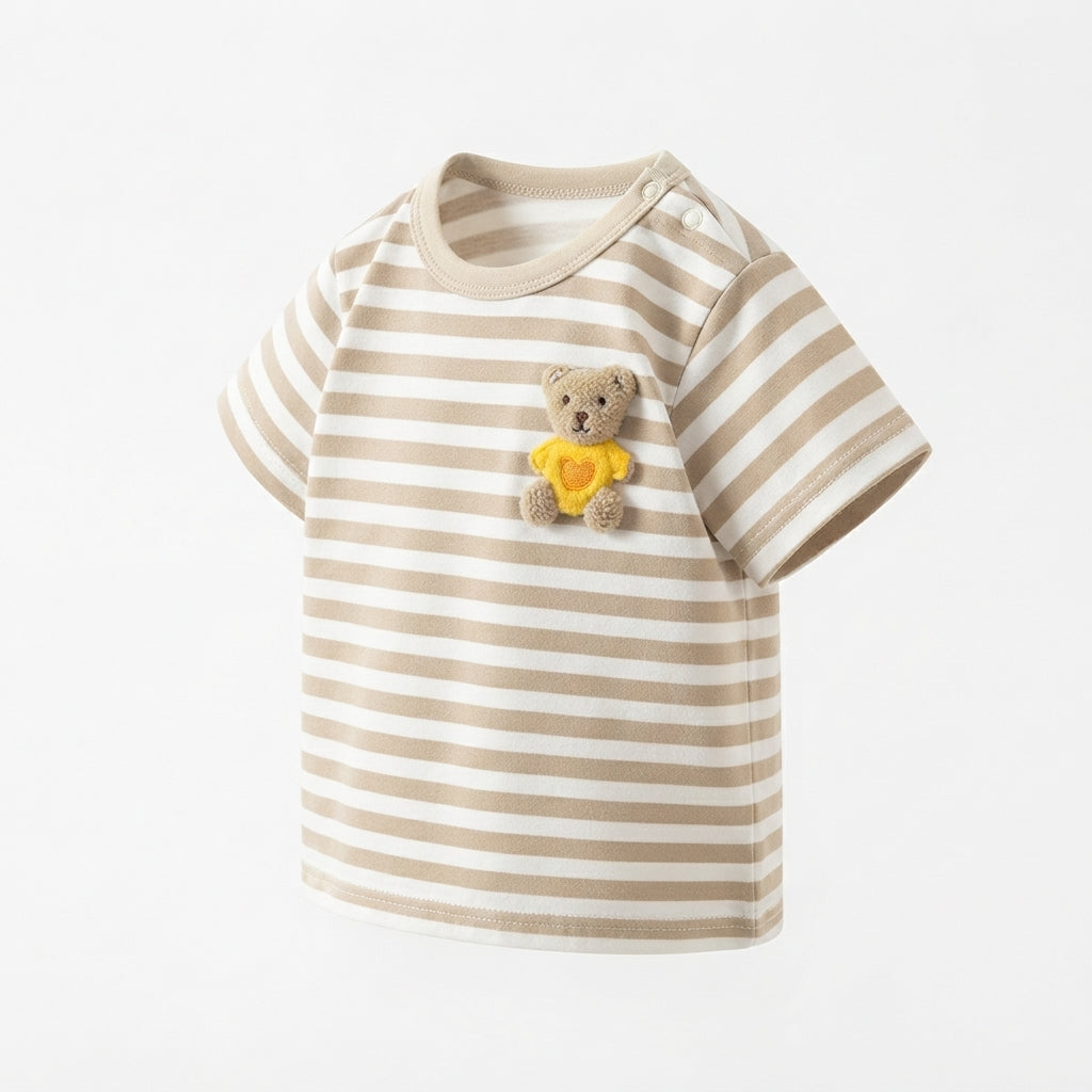 [WHOLESALE ONLY - CONTACT TO ORDER] Toddler Baby Boys/Girls Striped Short Sleeve T-Shirt - 3D Fuzzy Teddy Bear Patchwork Shoulder Snap Summer Top[KW-148]