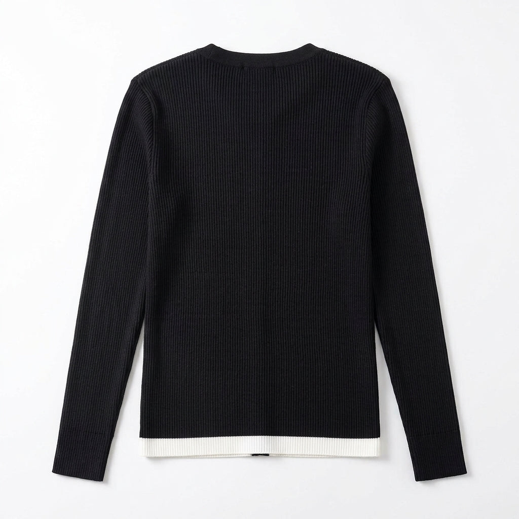 [WHOLESALE ONLY - CONTACT TO ORDER] Women's French Chic Contrast Tipped Henley Neck Ribbed Button-Front Cardigan Sweater (Classic Noir Black & Ivory) [AW-124]