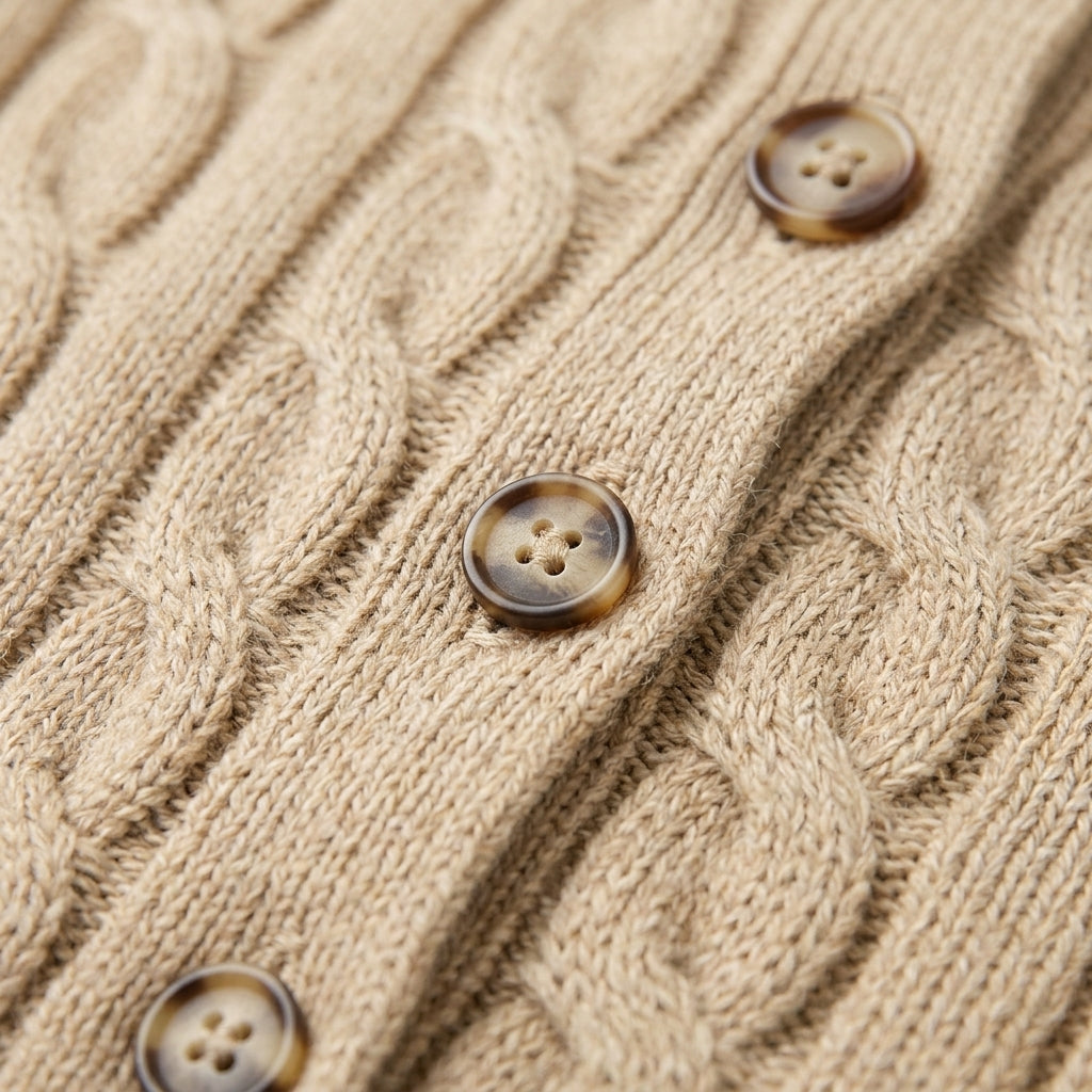 [WHOLESALE ONLY - CONTACT TO ORDER] Women's Classic Fitted Cable-Knit Crewneck Button-Front Cardigan Sweater with Tortoise Buttons (Warm Heather Camel Tan) [AW-189]