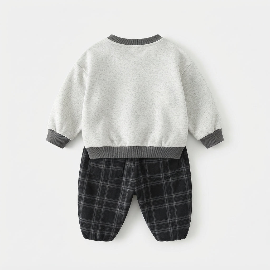 [WHOLESALE ONLY - CONTACT TO ORDER] Toddler Boys 2-Piece Fleece Sweatshirt & Tartan Plaid Pants Set - Cute Dachshund Dog Patchwork Tracksuit [KW-152]