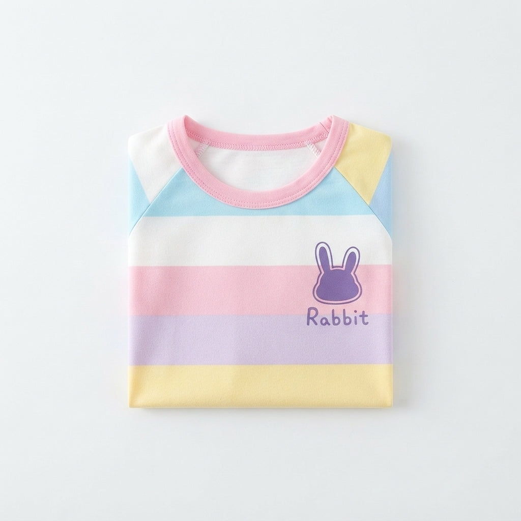 [WHOLESALE ONLY - CONTACT TO ORDER] Toddler Baby Girls Pastel Rainbow Striped Short Sleeve T-Shirt - Cute Purple Bunny Graphic Summer Tee [KW-144]