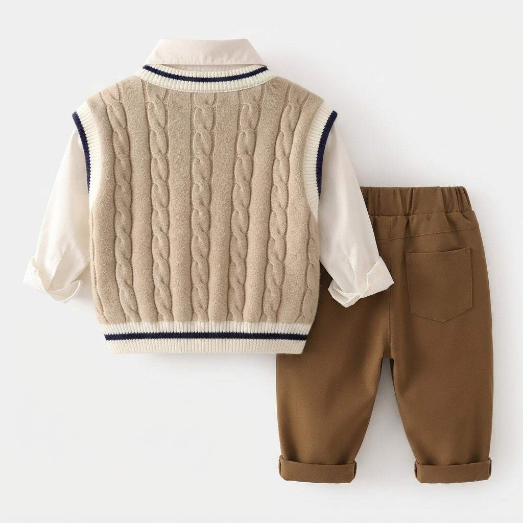 [WHOLESALE ONLY - CONTACT TO ORDER] Toddler Boys 3-Piece Gentleman Outfit Set - Cable Knit Sweater Vest, Long Sleeve Collared Shirt with Plaid Tie & Elastic Waist Chino Pants[KW-102]