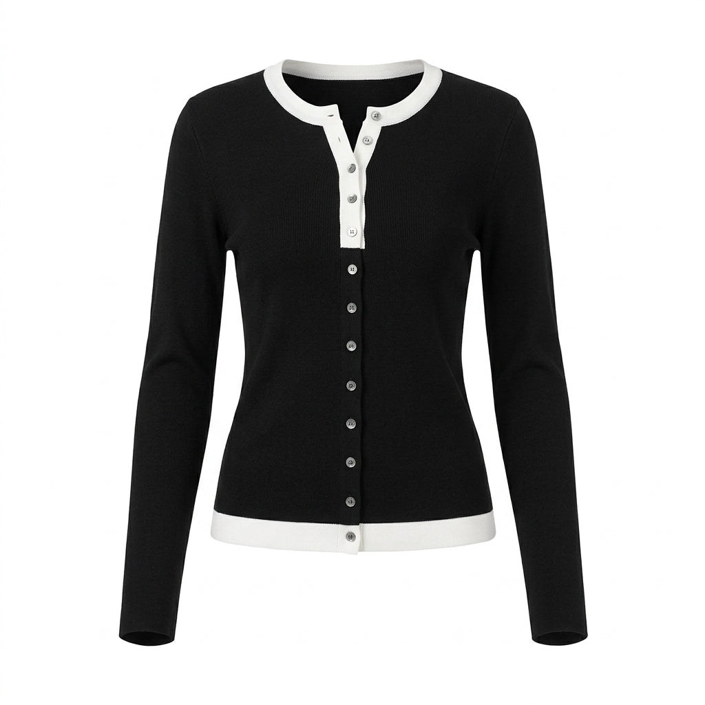 [WHOLESALE ONLY - CONTACT TO ORDER] Women's French Chic Contrast Tipped Henley Neck Ribbed Button-Front Cardigan Sweater (Classic Noir Black & Ivory) [AW-124]